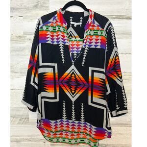 Amanda Uprichard Womens Small Black Aztec Silk 3/4 Sleeve Blouse Top NEW